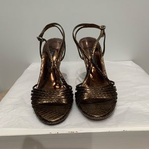Bronze metallic heeled dress sandal, size 6